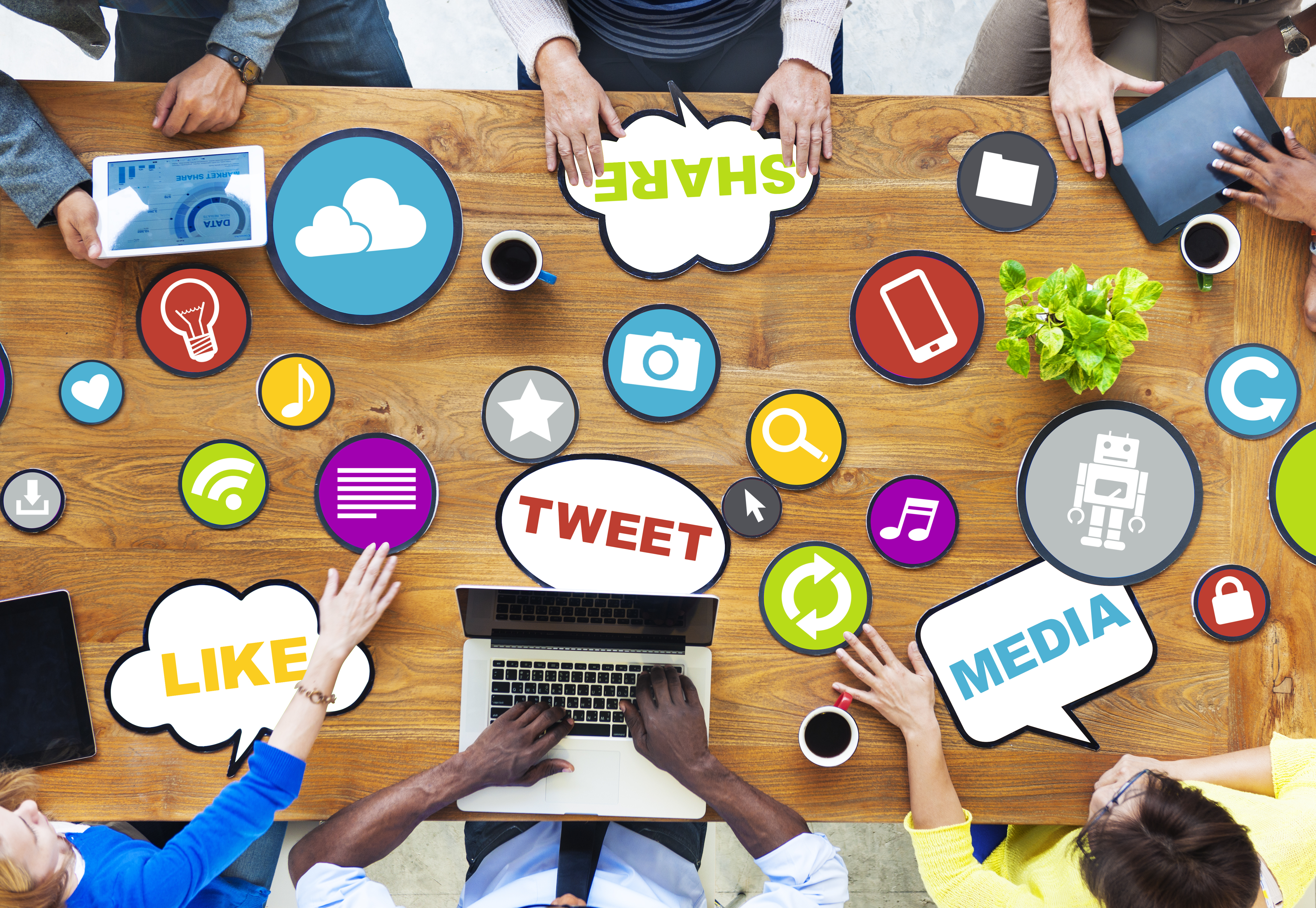 People discussing marketing around a table